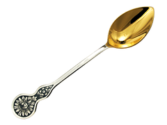 Серебряная чайная ложка с  позолоченным черпачком и узором из цветочной композиции на ручке с круглым верхом